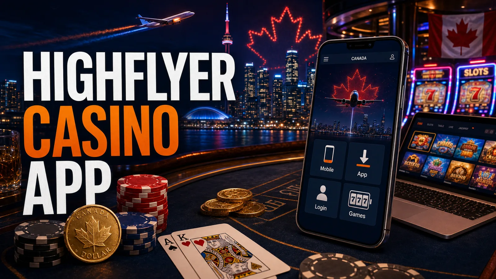 Phone with casino mobile UI, airplane trail and Canadian city background