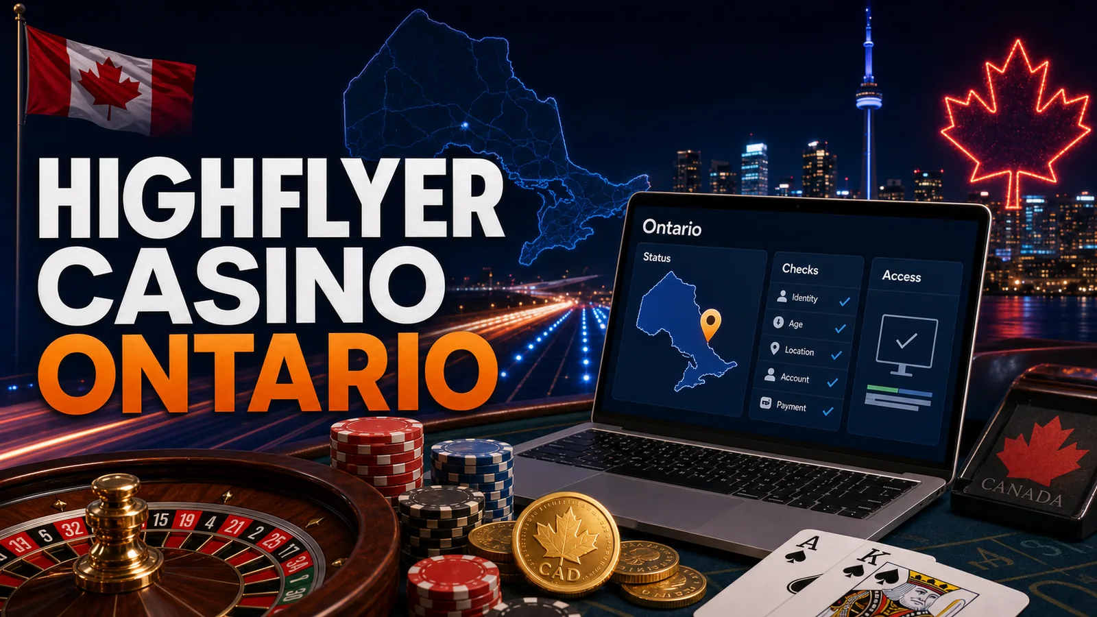 Ontario skyline/map, regulator checkpoint and casino status card