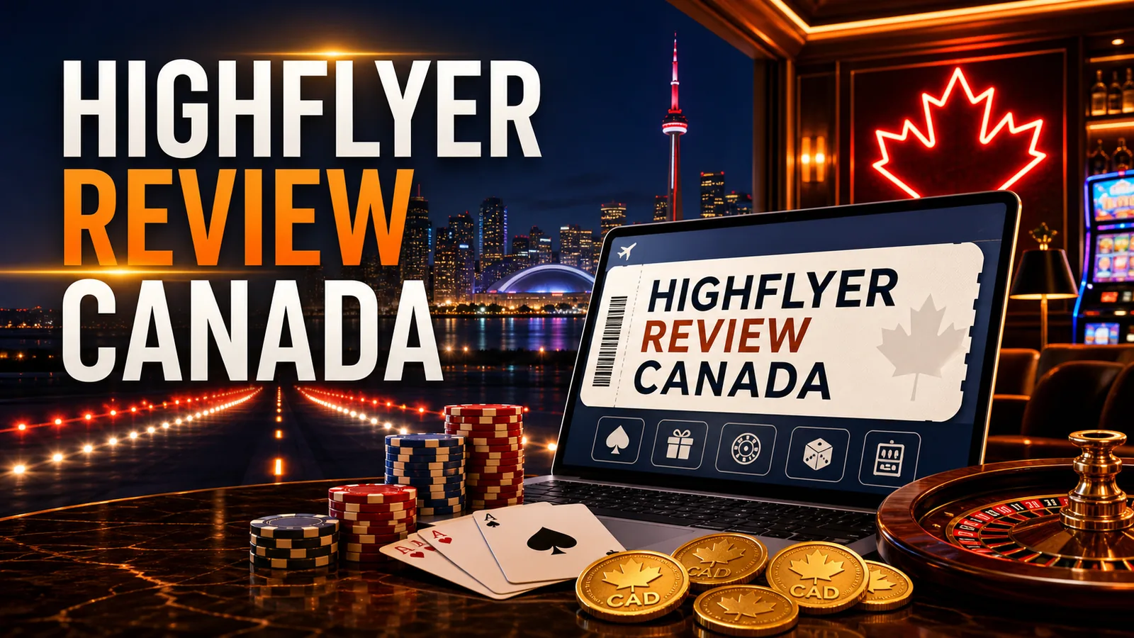 Airplane/high-flyer themed casino review panel with Canada map accent